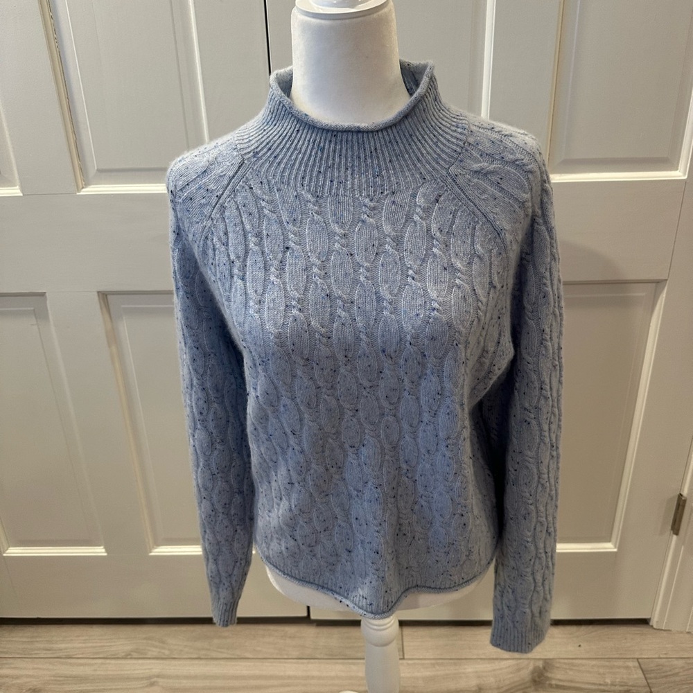 J. Crew Pale Blue Cable Knit Mock Neck Cashmere Sweater Sz L